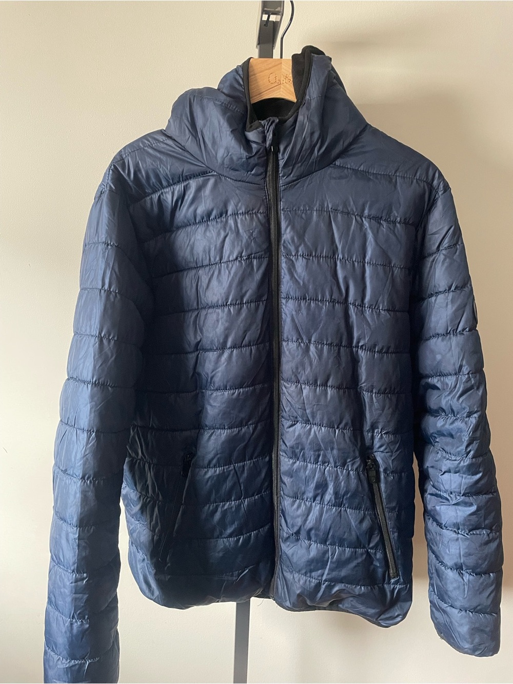Perry Ellis Portfolio Navy Blue Hooded Lightweight Puffer Jacket Size XL